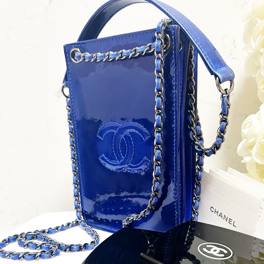 Authentic Chanel Electric / Metallic Blue Patent Leather W.O.C Crossbody Bag